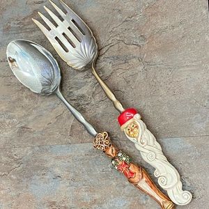 Vintage 2 SAINT Enameled Christmas Santa & Fox Serving Spoon & Fork Set